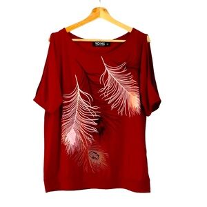 Yoins Cold Shoulder, Peacock Feather Top, in Red, Women's XL